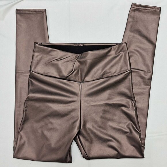 Faux Leather Leggings Bronze Brown Size M High Waist Stretch Shiny Pants - Picture 1 of 4